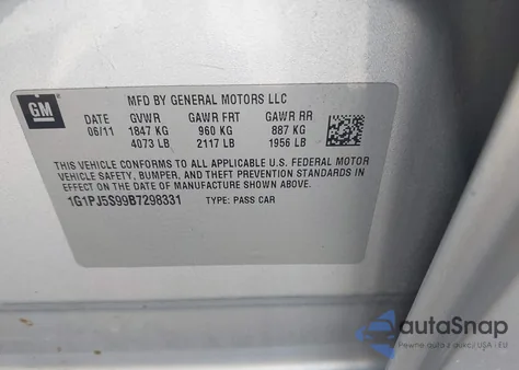 2011 Chevrolet Cruze Eco z USA, uszkodzony, nr VIN 1G1PJ5S99B7298331